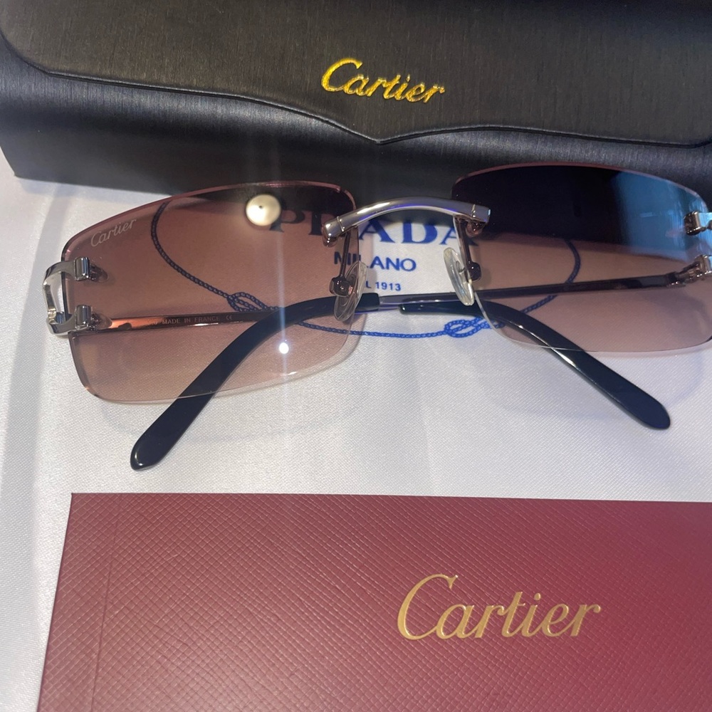 Cartier C-Decor Silver Frame Rimless Brown Tint